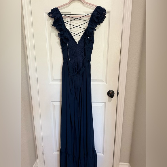 Lulus Maxi Dress Navy Blue Ruffled Lace-Up Soiree Celebration Formal Dress NWOT - Picture 6 of 10